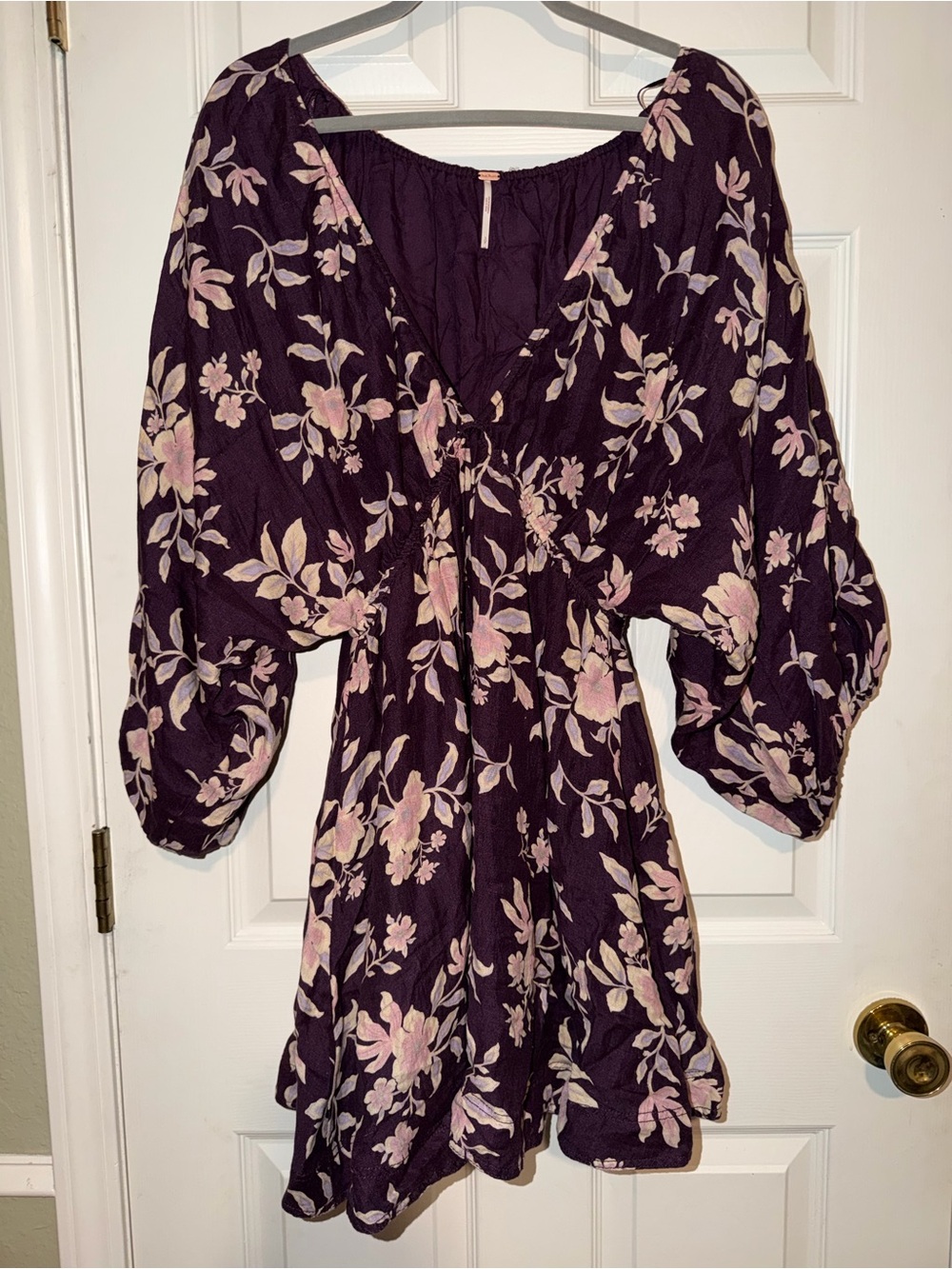 Free People Portia Floral Puff-Sleeve Linen Blend Mini Dress With Pink Accents